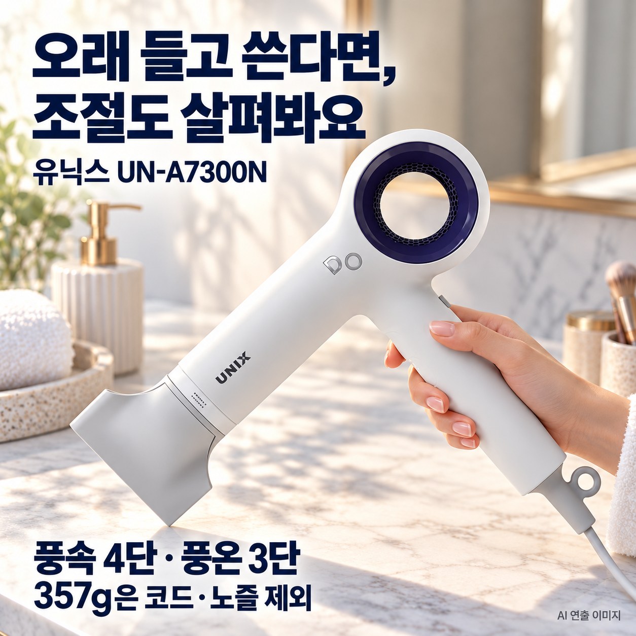 유닉스 UN-A7300N의 풍속 4단과 코드·노즐 제외 357g 표기 조건을 보여주는 AI 연출 이미지