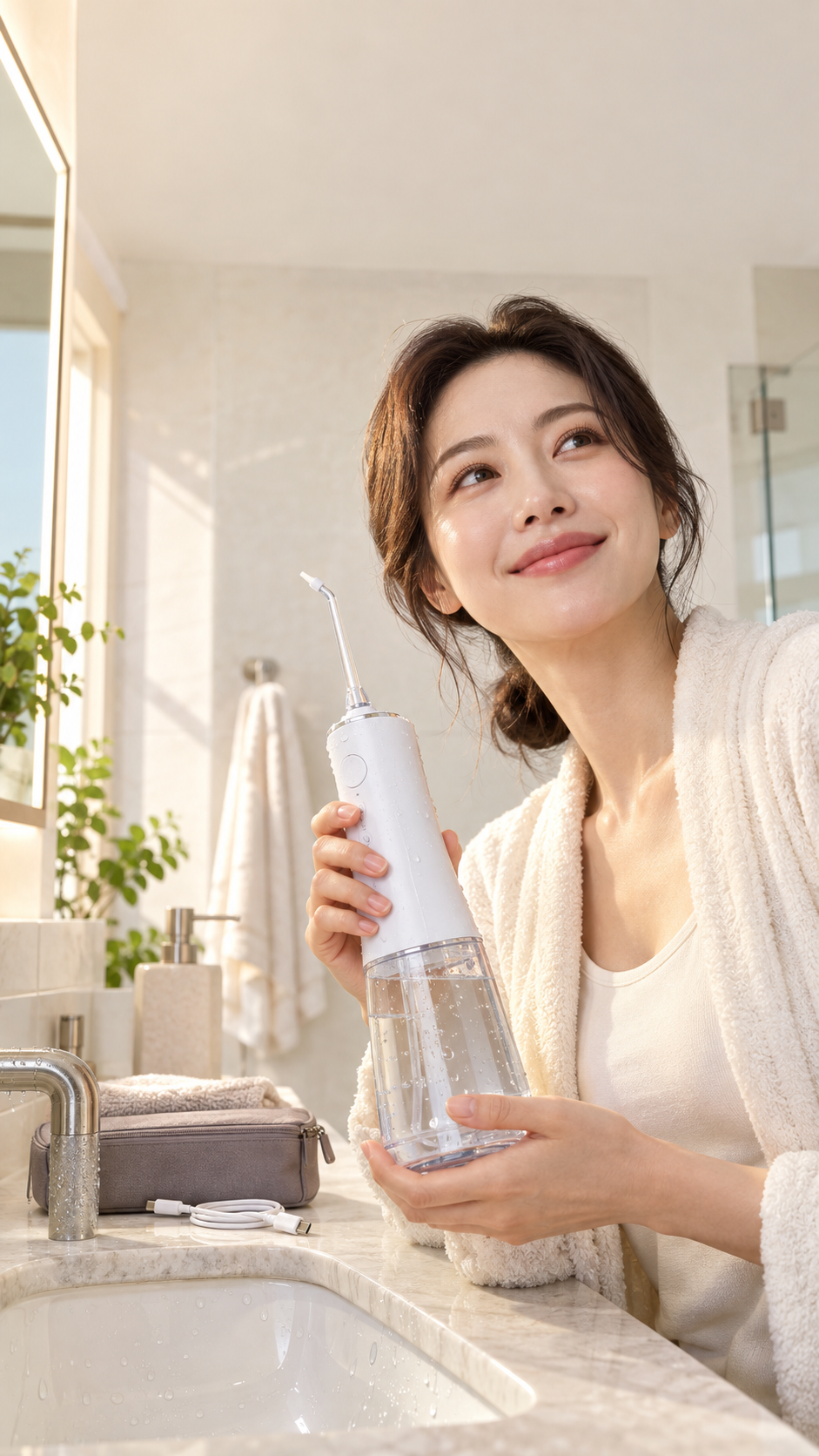 욕실에서 투명 물통형 구강세정기를 들고 있는 성인의 AI 연출