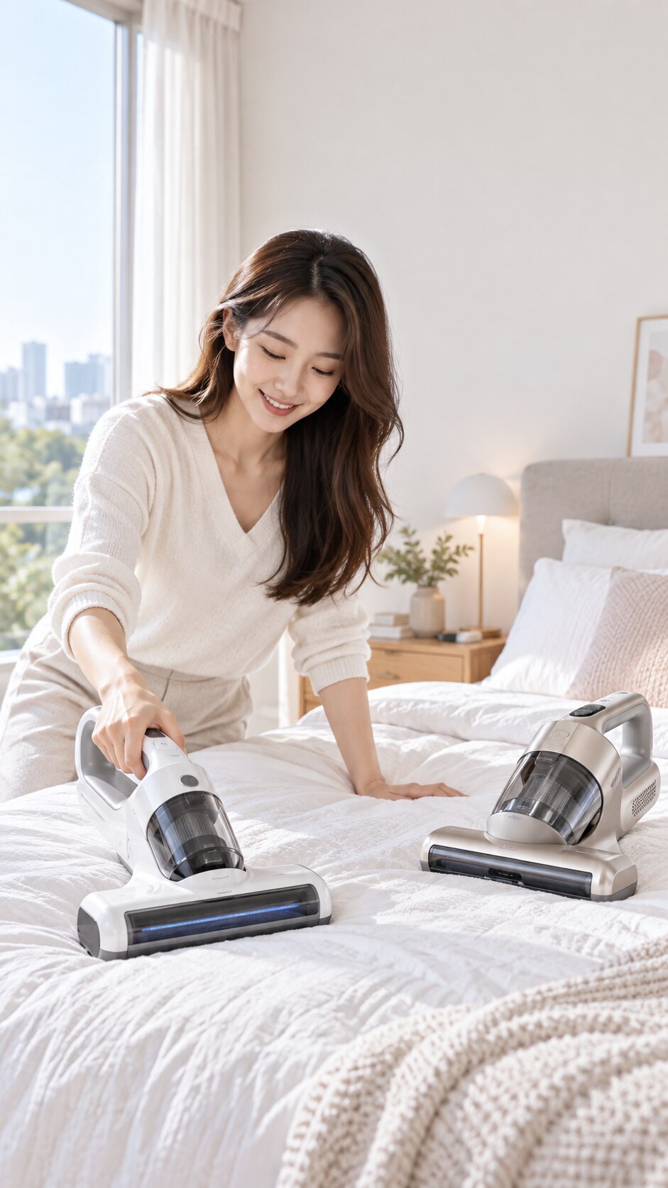 밝은 침실에서 여성이 침구청소기를 사용하고 두 제품 선택지를 비교하는 광고 연출 장면
