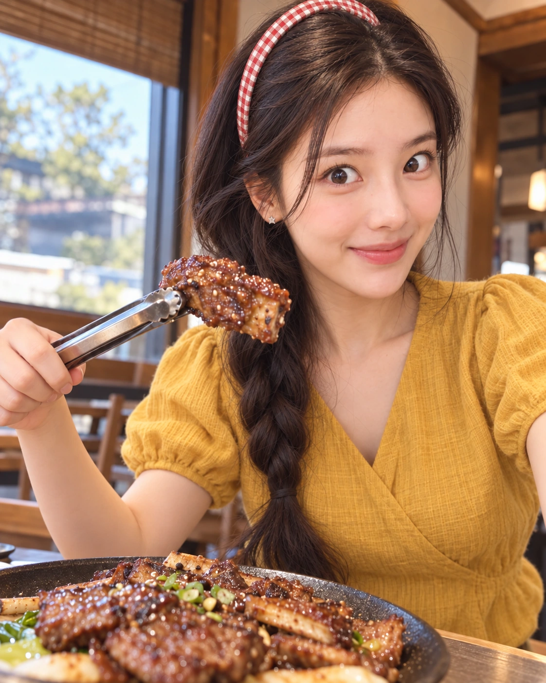 AI 가상 셀카: 양념 구이 접시와 집게를 가까이 든 김마에