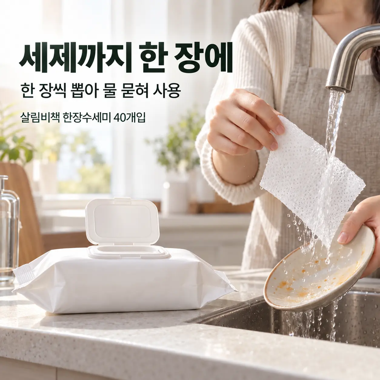 살림비책 흰색 가로 파우치에서 한장수세미 한 장을 뽑아 물을 묻혀 설거지를 시작하는 장면