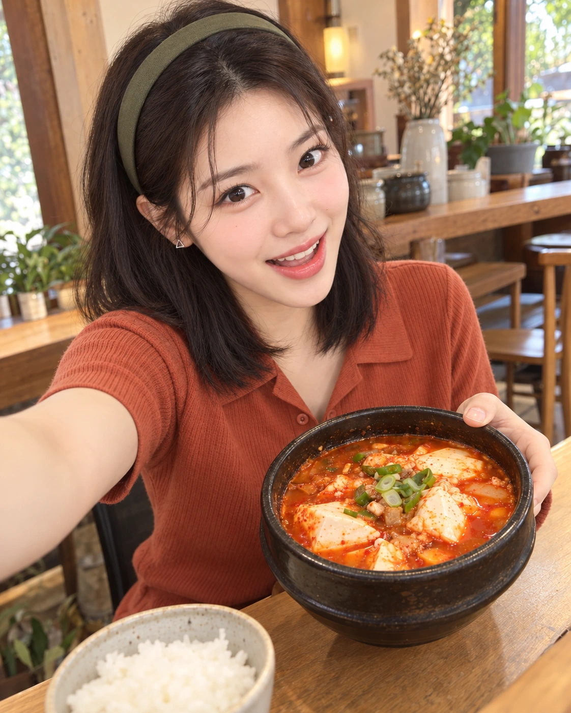 AI 가상 셀카: 빨간 순두부 그릇을 들고 웃는 김마에