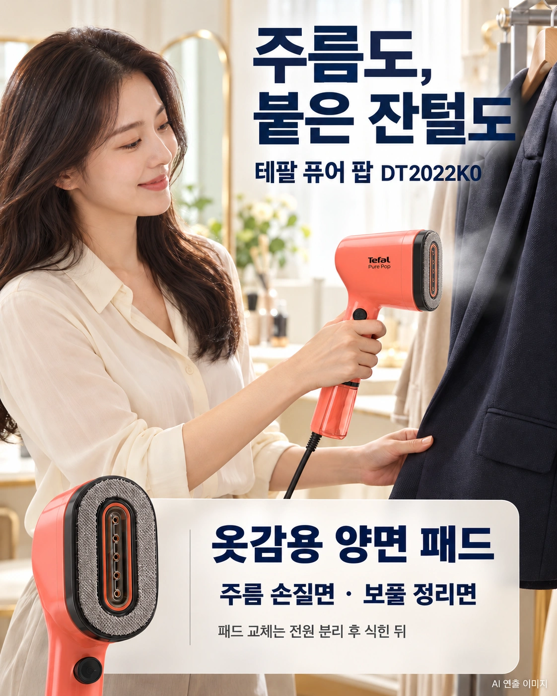 테팔 DT2022K0 쥬시핑크의 양면패드와 재킷손질을 보여주는 AI광고연출