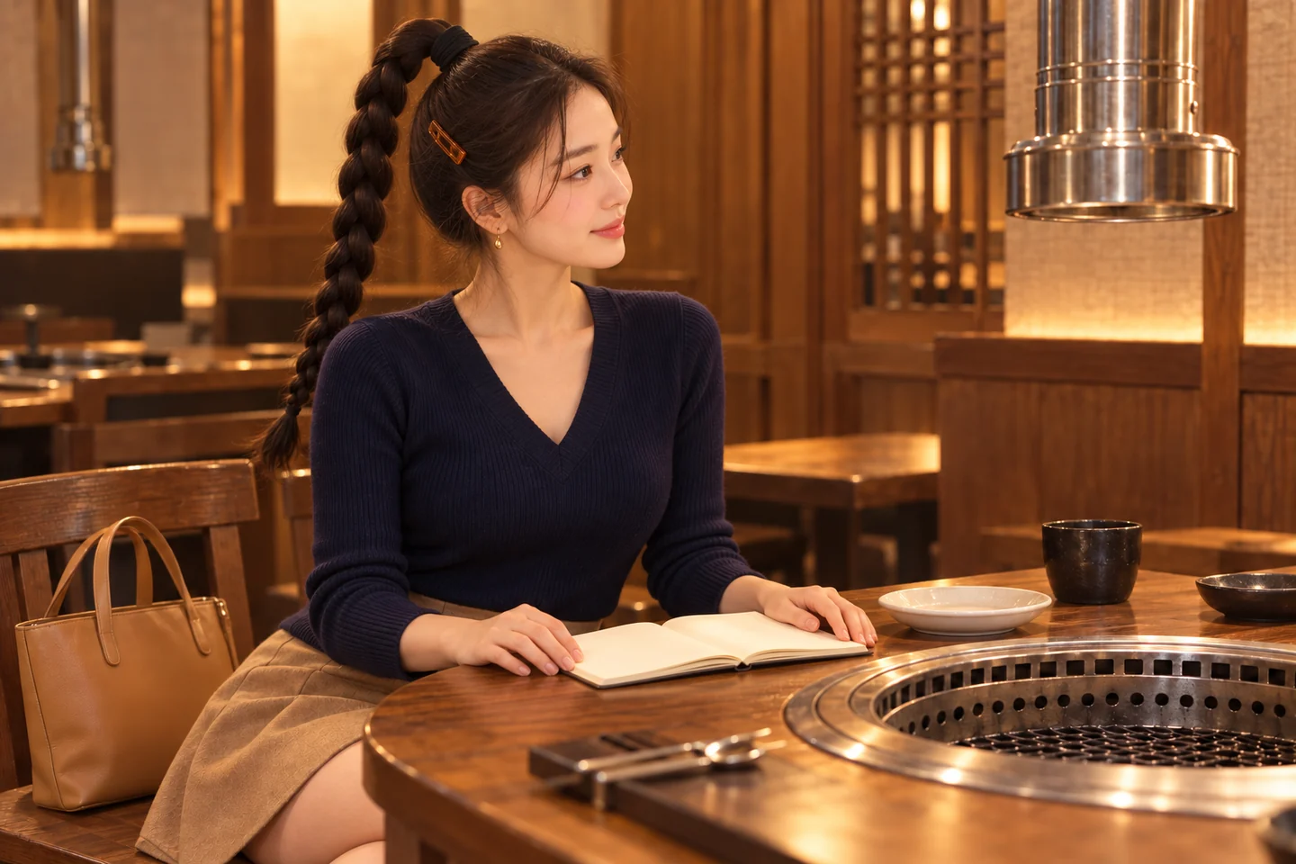 메뉴 노트를 펼치고 옆쪽을 바라보는 김마에의 AI 장면
