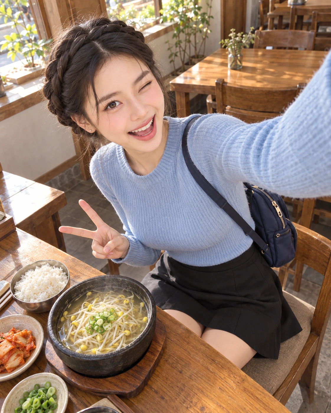 AI 가상 셀카: 높은 사선 각도에서 콩나물국밥 옆으로 V 포즈를 한 김마에