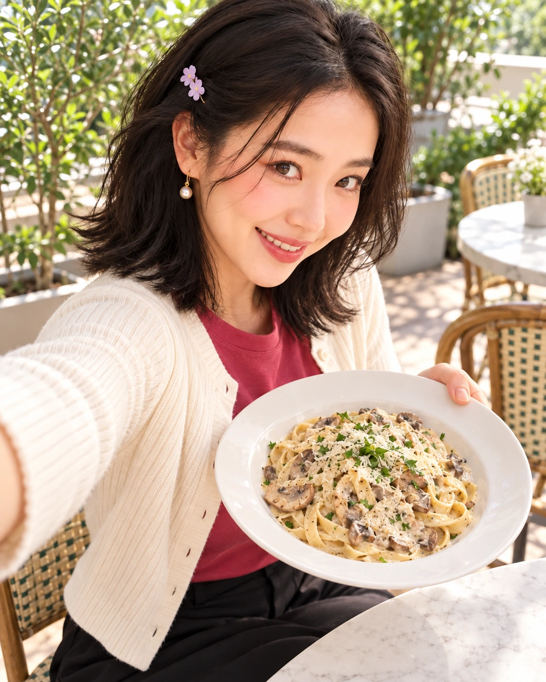 AI illustration: Kim Mae presents cream pasta. The dish beside the noodles still needs deciding.
