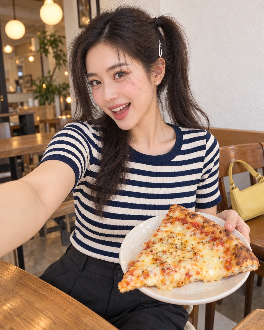 AI 가상 셀카: 치즈 피자 조각을 카메라 앞으로 든 김마에