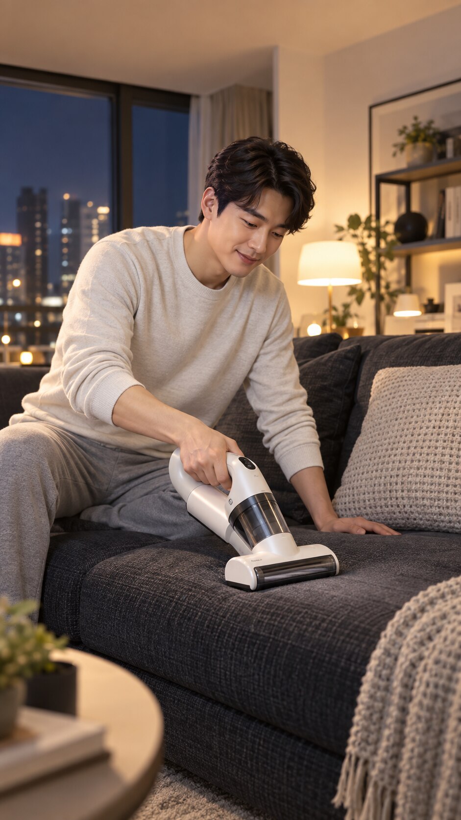 저녁 거실에서 남성이 소파 쿠션을 청소하는 광고 연출 장면