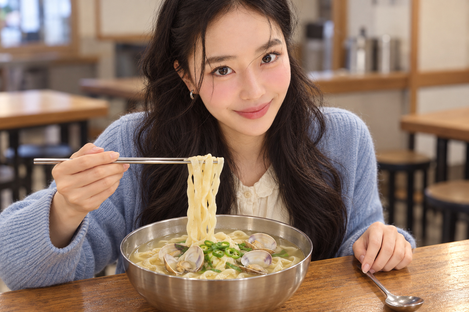 AI 연출 이미지: 김마에가 스테인리스 대접의 바지락칼국수 면을 젓가락으로 들어 올리는 가상 장면. 실제 방문·음식 사진이 아님.