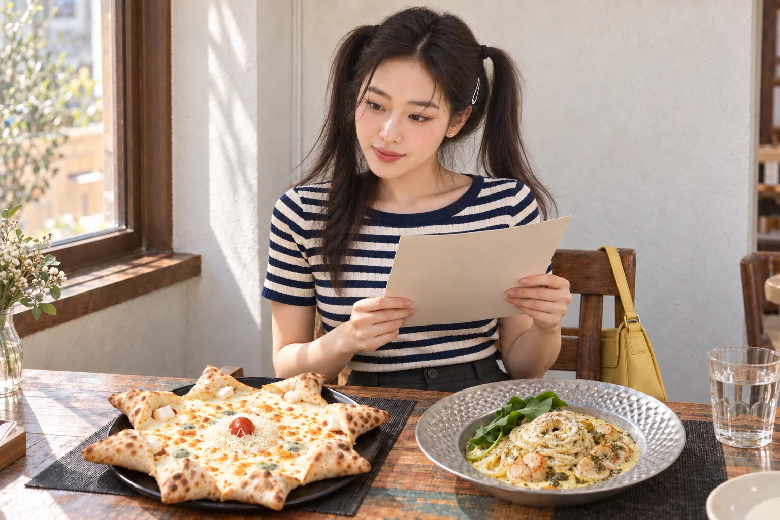메뉴를 살펴보는 김마에와 피자·파스타의 AI 장면