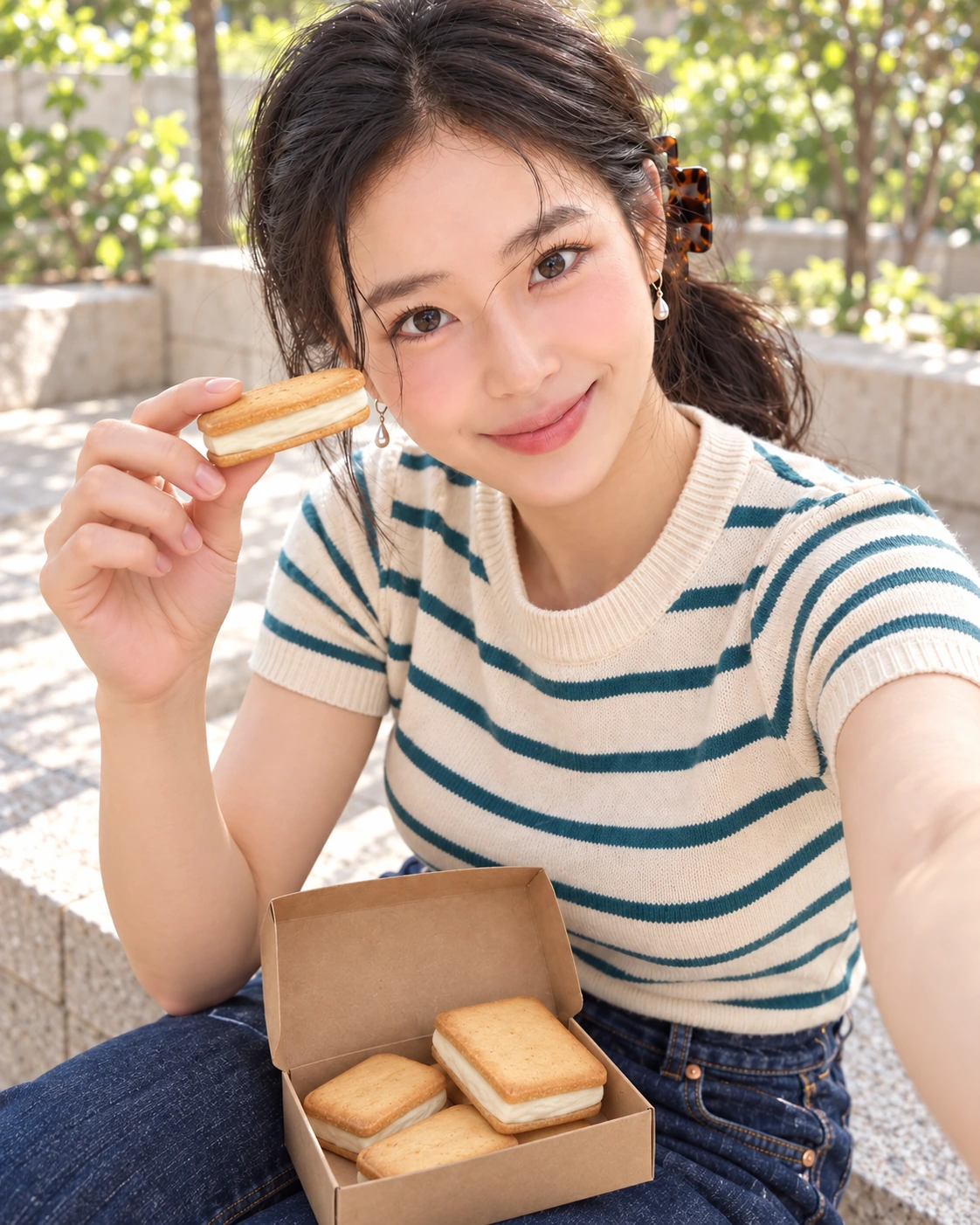 AI 가상 셀카: 밝은 야외에서 크림 샌드 쿠키를 소개하는 김마에