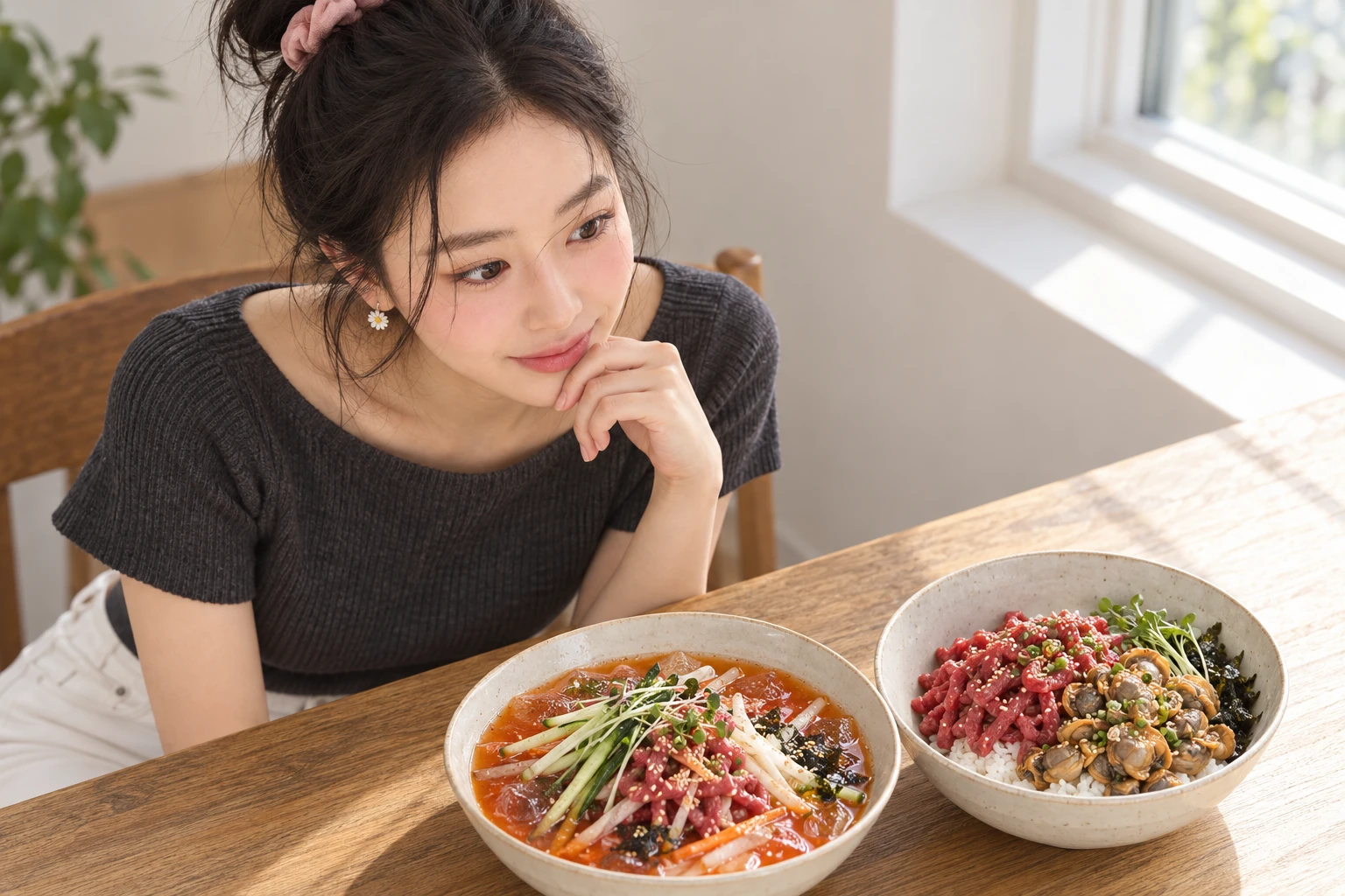 두 가게 메뉴를 비교하는 가상 인플루언서 김마에의 AI 삽화