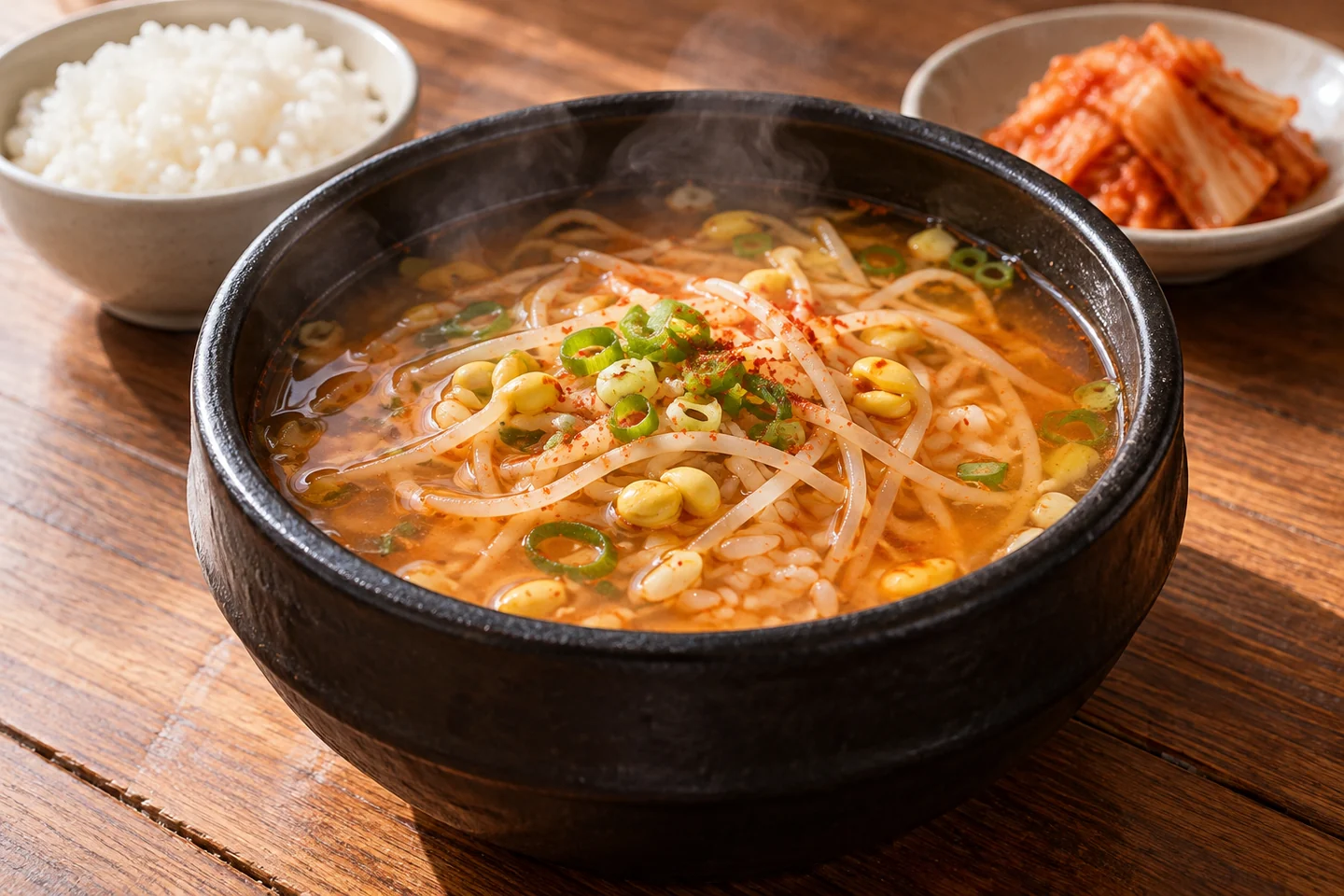 붉은 국물과 콩나물 구성을 참고한 AI 국밥 메뉴 삽화
