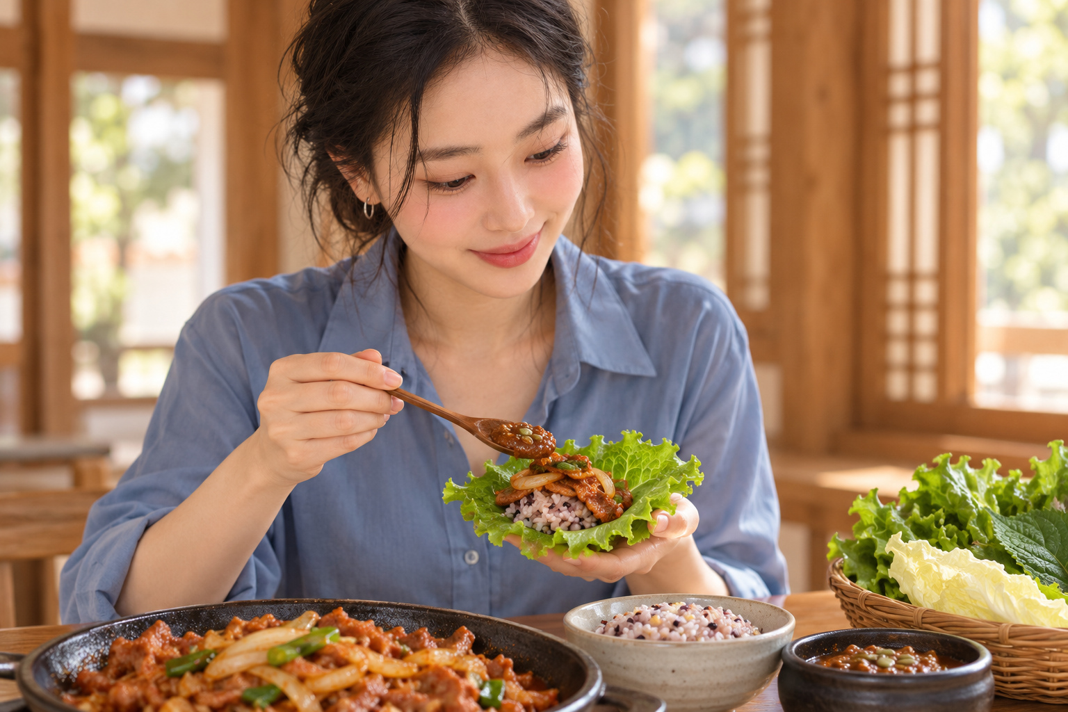 한옥 느낌 실내에서 김마에가 쌈채소에 오곡밥과 제육을 올리고 우렁쌈장을 얹어 쌈을 싸는 AI 연출 장면