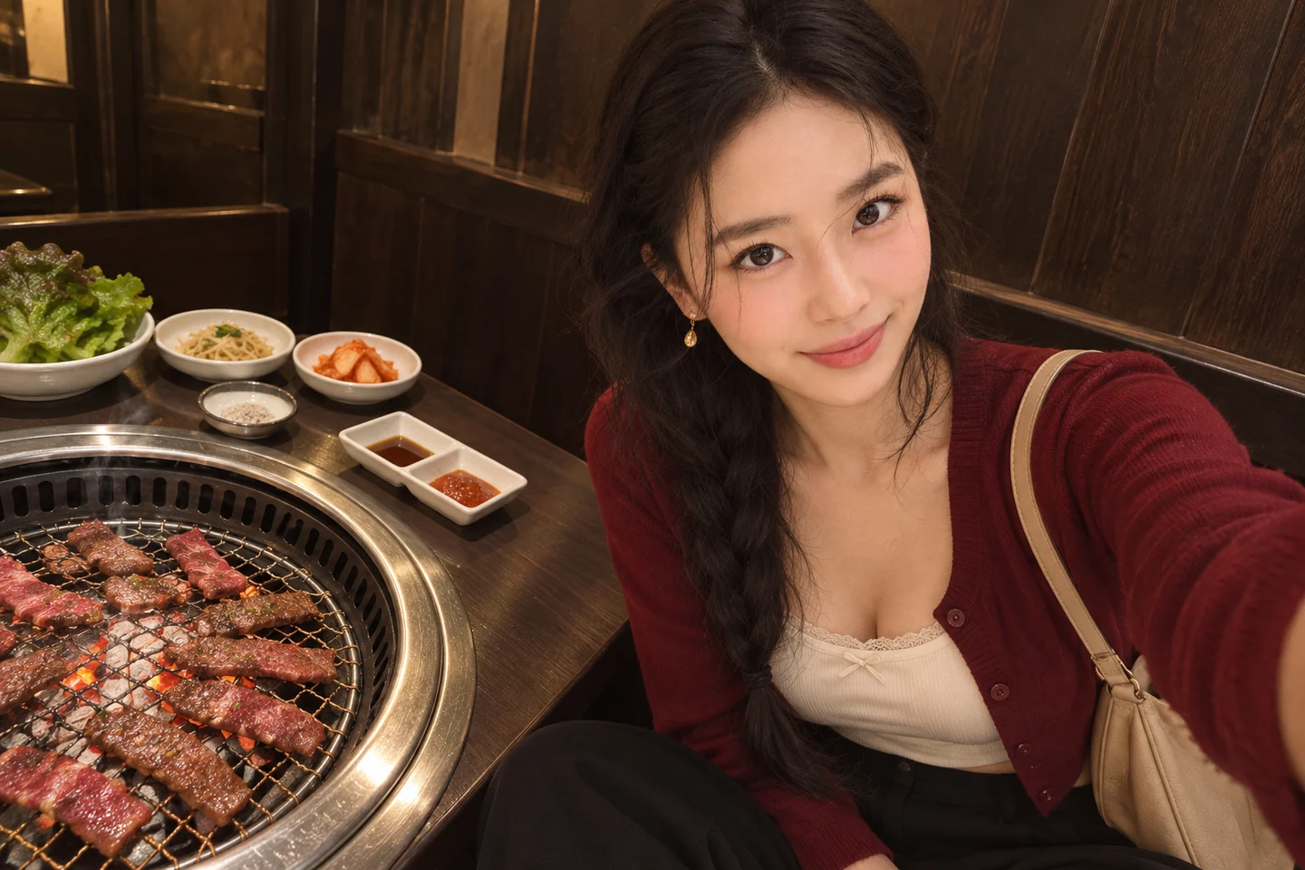 숯불 갈비와 함께한 마에 셀카 — 이름 없는 가상 식당 공간 AI 재구성 이미지