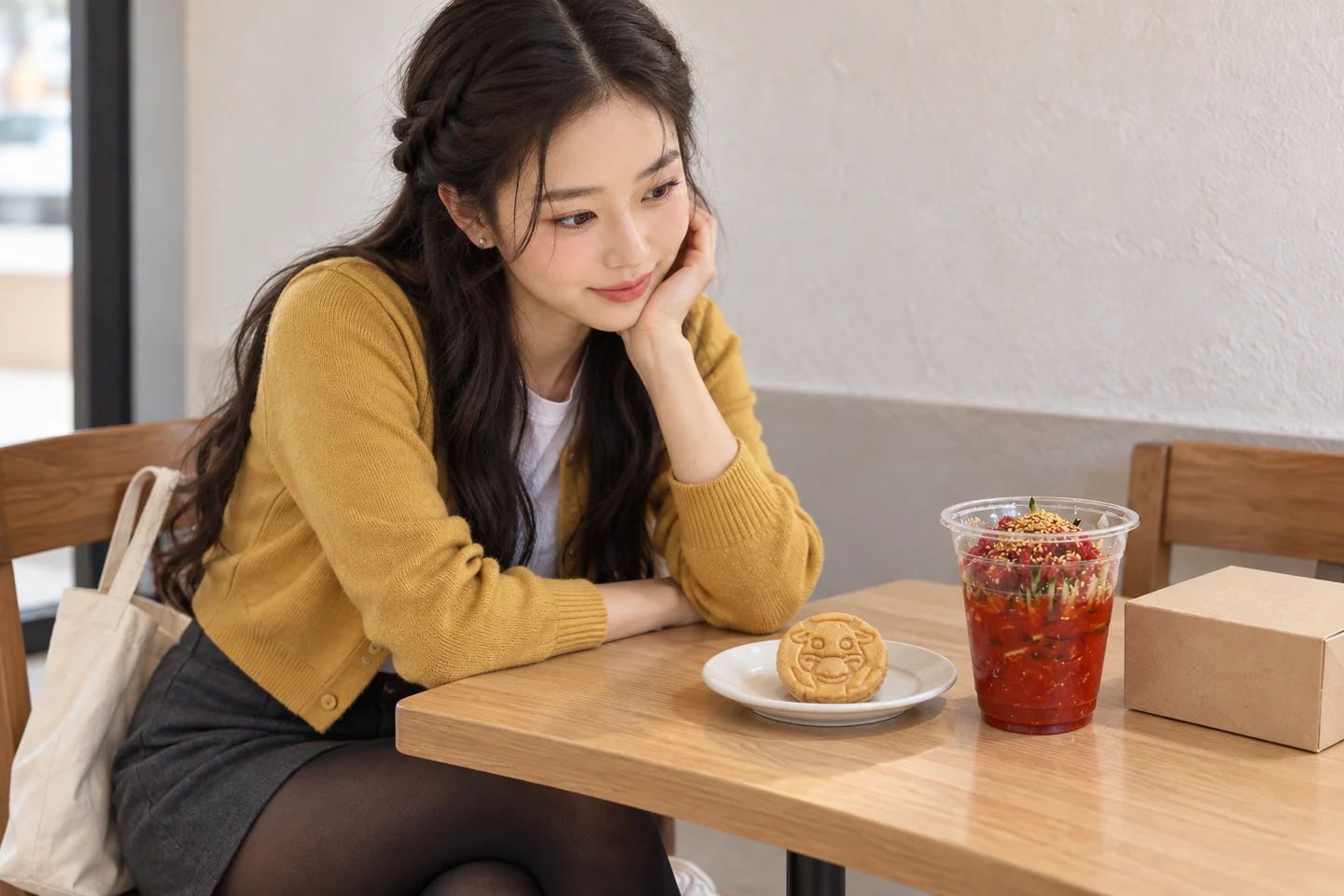 이름 없는 가상 공간에서 별도 메뉴인 쿠키와 컵 물회를 살피는 마에 AI 재구성 이미지