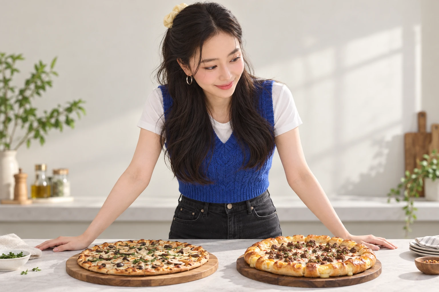 두 가게 메뉴를 비교하는 가상 인플루언서 김마에의 AI 삽화