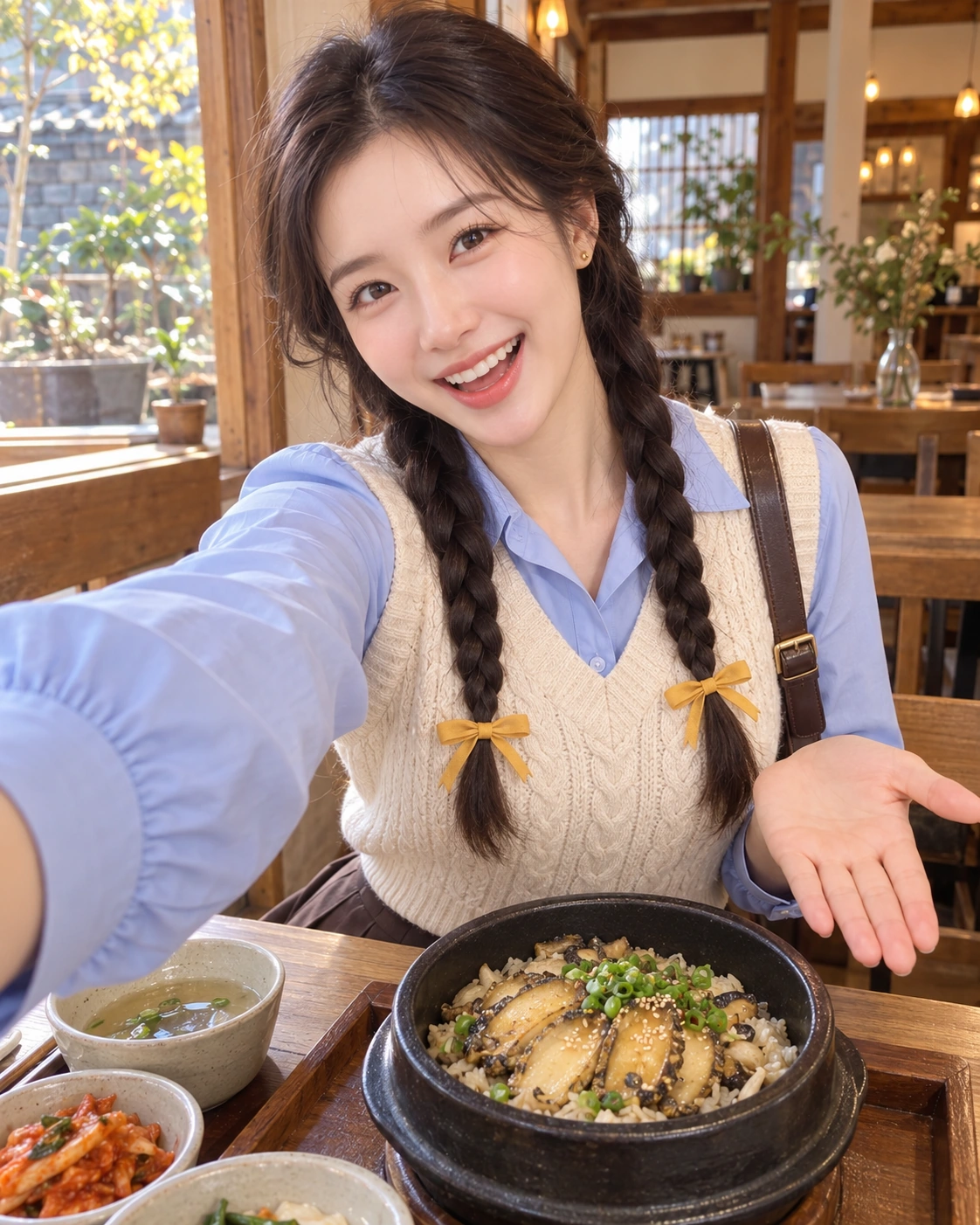 AI 가상 셀카: 전복 솥밥을 손바닥으로 소개하는 김마에