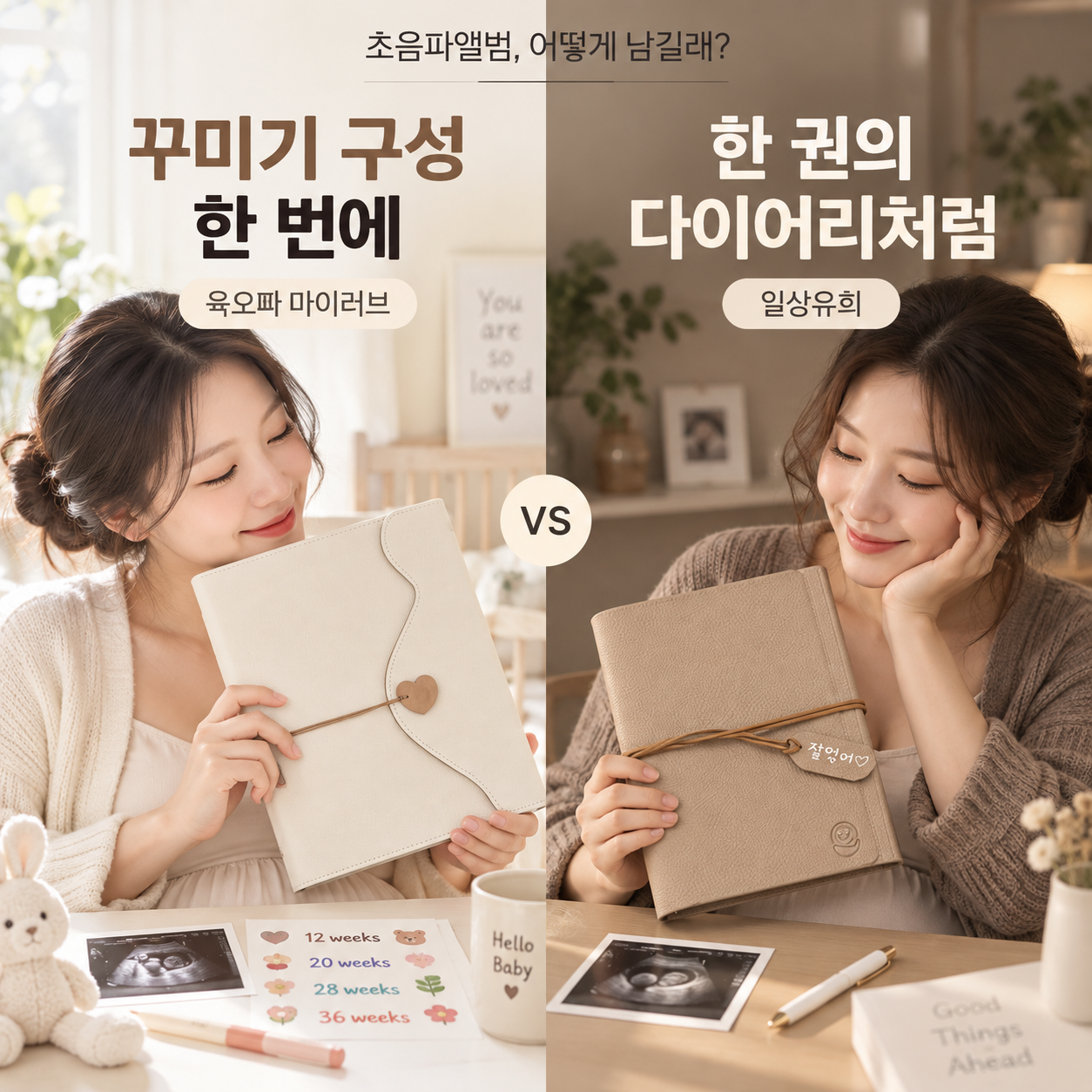 육오빠 마이러브와 일상유희 초음파앨범의 꾸미기 구성과 다이어리 기록 분위기를 비교하는 광고 이미지