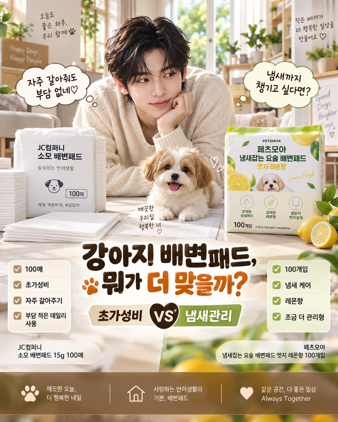 JCCOMPANY 소모 배변패드와 페츠모아 냄새잡는 요술 배변패드 엣지 레몬향을 강아지와 함께 비교하는 첫 화면