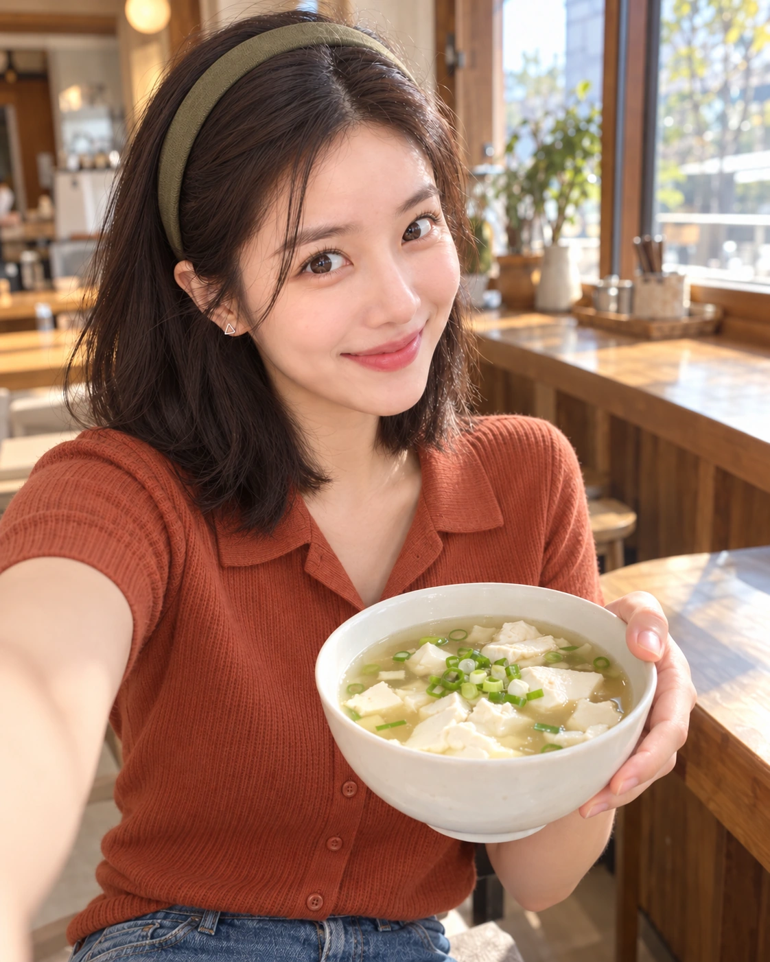 AI 가상 셀카: 맑은순두부 그릇을 가까이 든 김마에