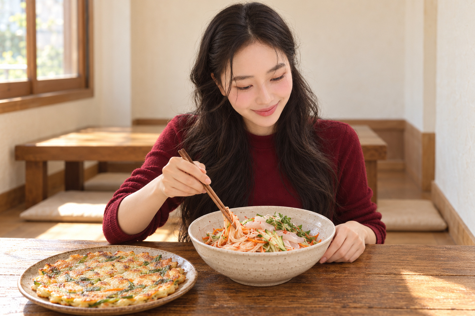 김마에가 좌식 느낌의 작은 국숫집 상에서 한 손의 젓가락으로 회국수를 비비고 다른 손을 그릇 옆에 둔 모습과 앞의 부침 접시. AI 연출이며 실제 방문·음식 사진이 아닙니다.