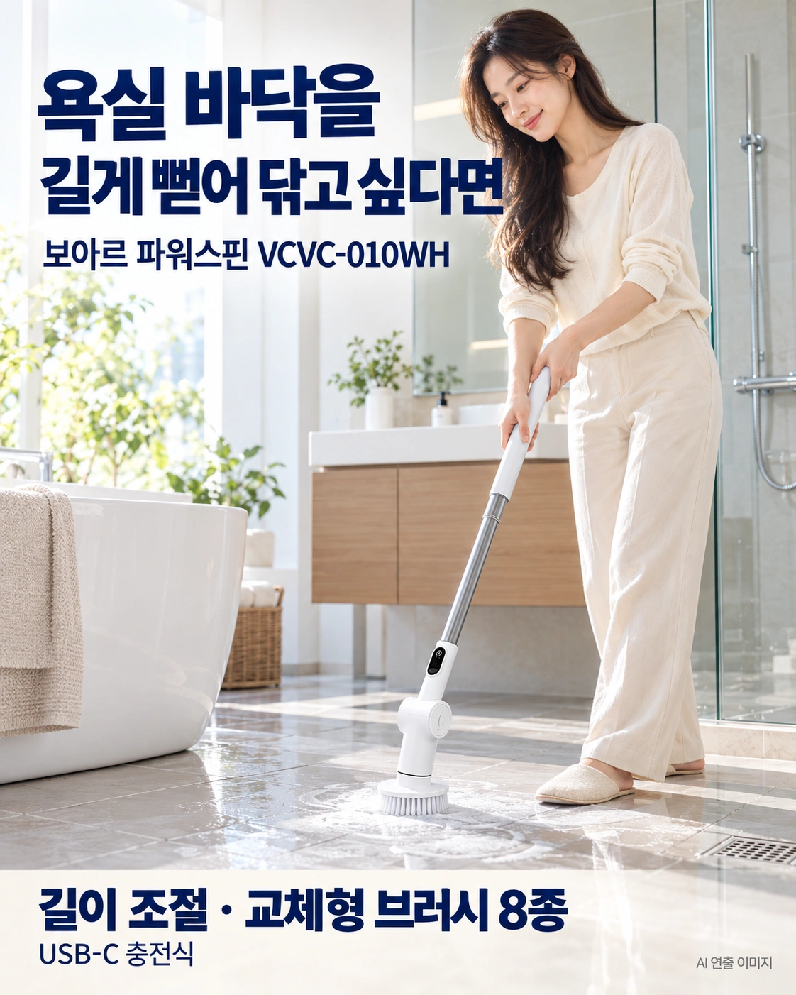 보아르 파워스핀 VCVC-010WH를 길게 늘려 욕실 바닥을 닦는 AI 연출 이미지
