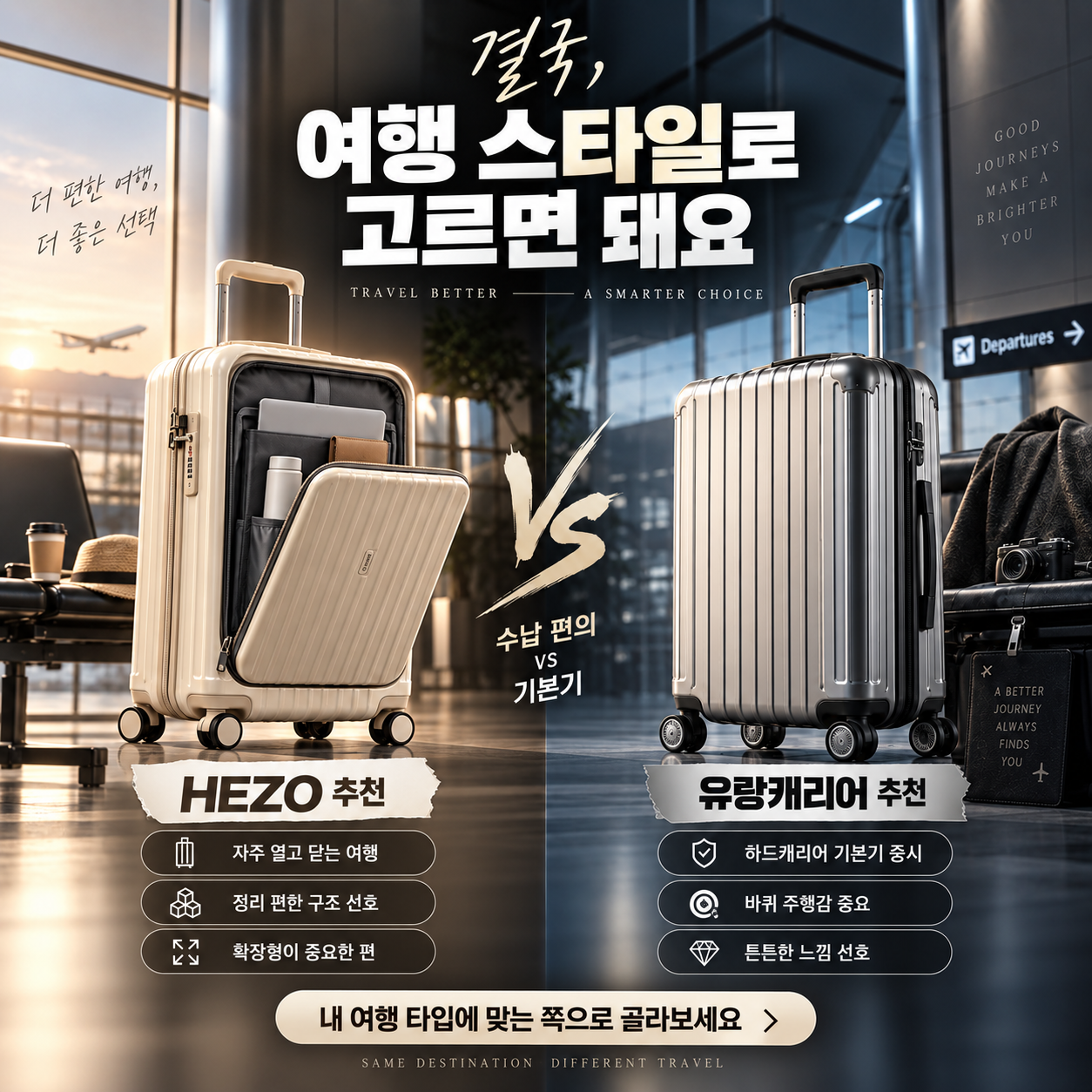 HEZO의 전면 수납과 유랑캐리어의 바퀴·프레임 표기를 나란히 보여주는 AI 일러스트