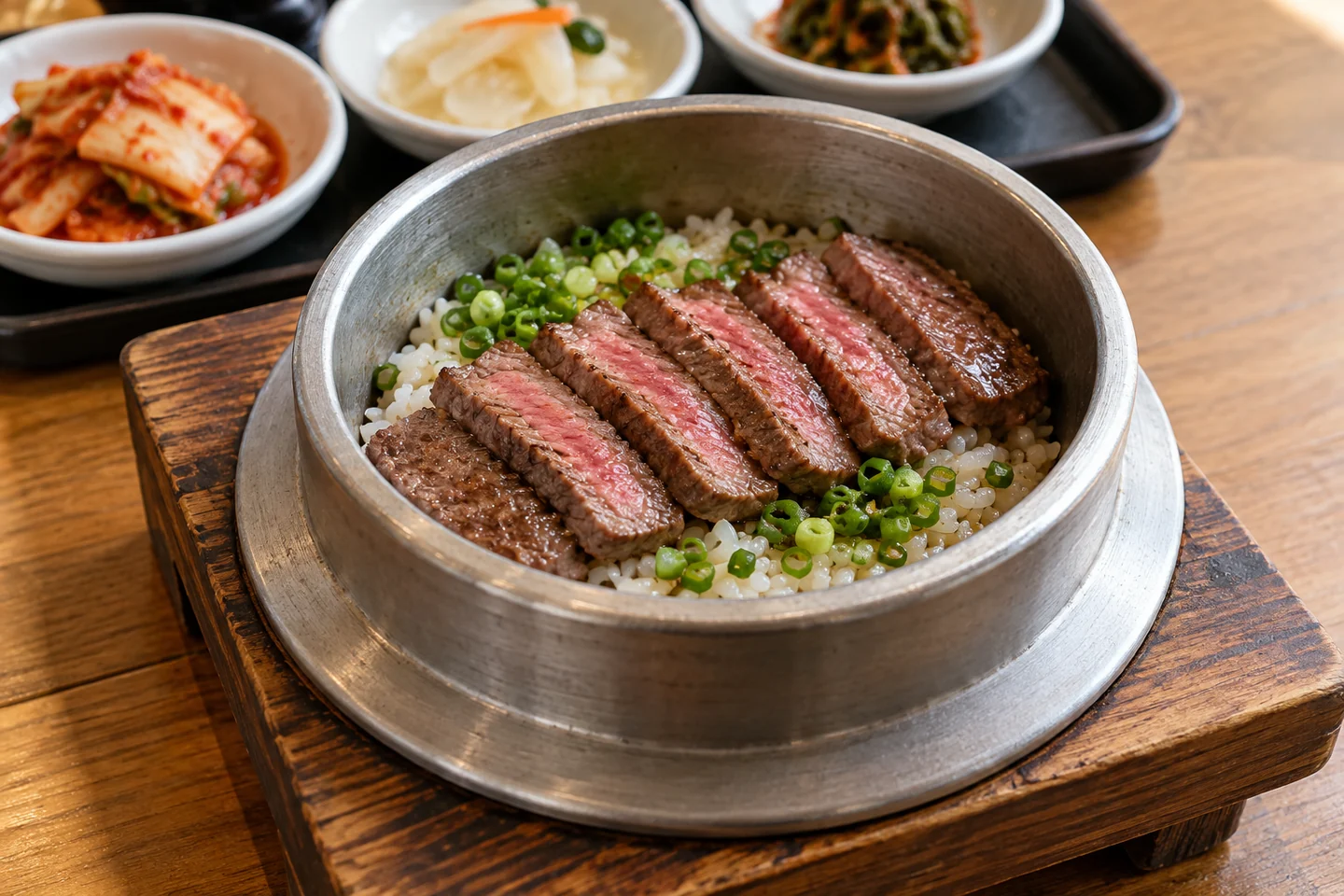 스테이크와 밥의 구성을 참고한 AI 솥밥 메뉴 삽화