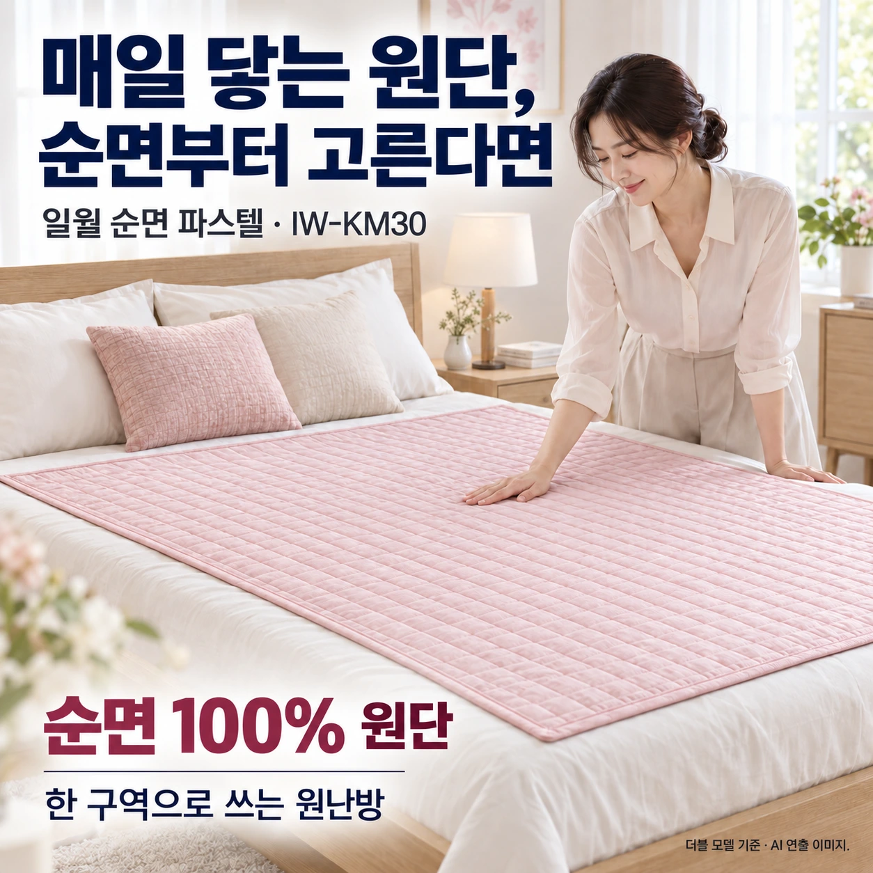 분홍색 일월 순면 파스텔 IW-KM30 매트를 펴는 인물과 면 100% 원단·원난방을 소개하는 AI 연출
