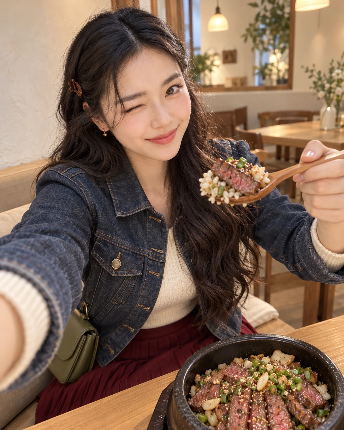 AI 가상 셀카: 스테이크 솥밥을 소개하며 높은 각도로 윙크하는 김마에