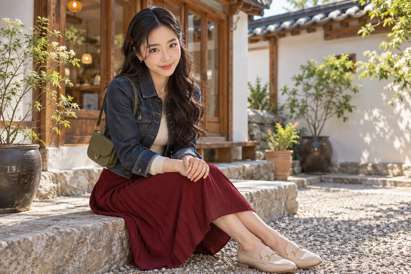 한옥 마당의 돌턱에서 쉬는 김마에의 AI 여행 장면