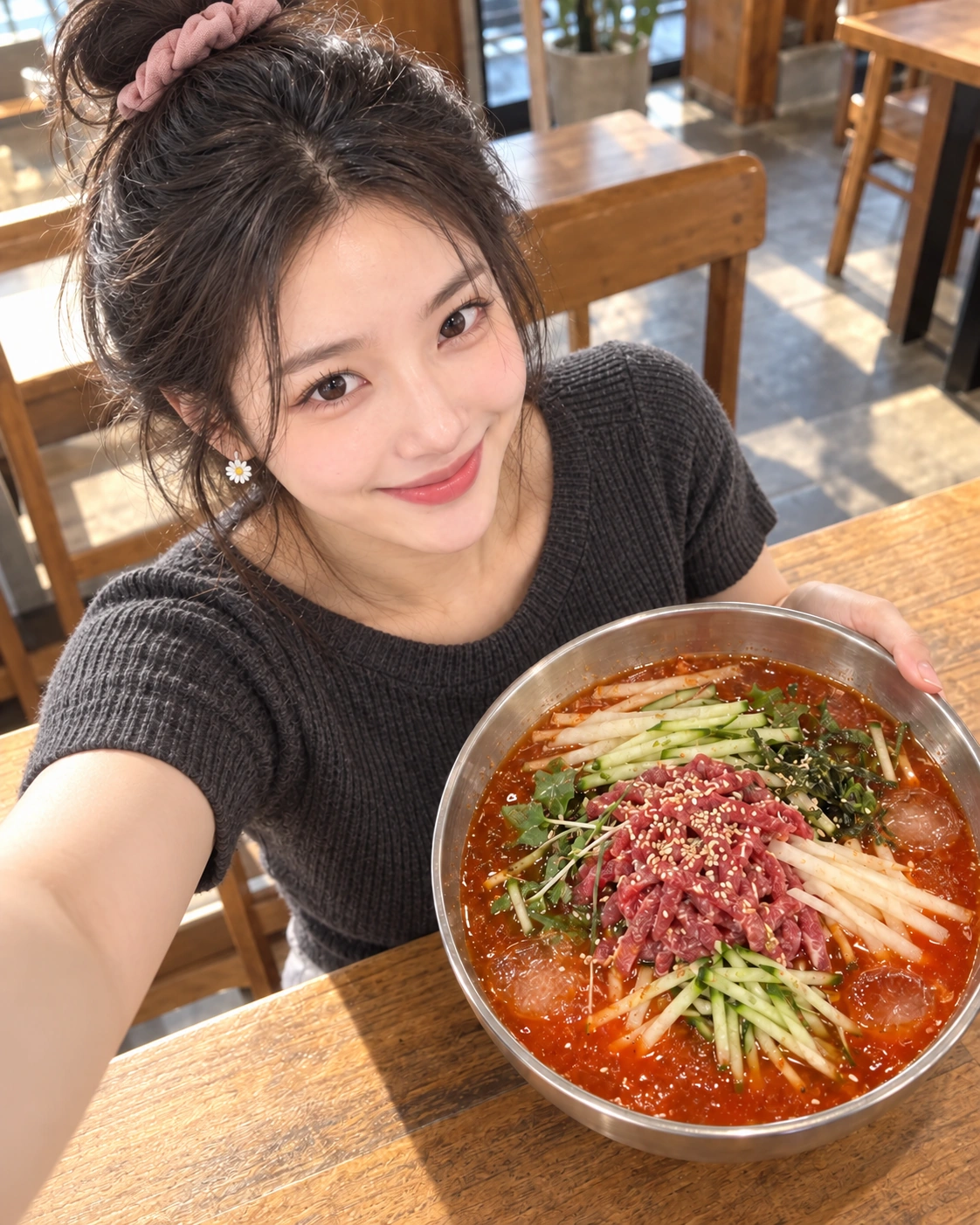 AI 가상 셀카: 육회물회 그릇과 높은 각도 셀카를 연출한 김마에