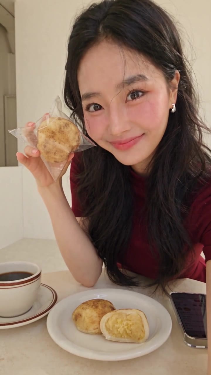 김마에가 감자빵과 커피를 보여주는 영상 장면