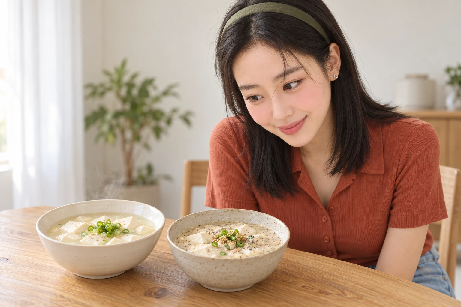 두 가게 메뉴를 비교하는 가상 인플루언서 김마에의 AI 삽화