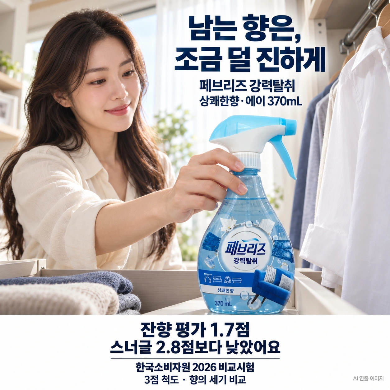옷장 앞에서 페브리즈 상쾌한향을 집는 성인 모델과 잔향 세기 비교를 담은 AI 광고