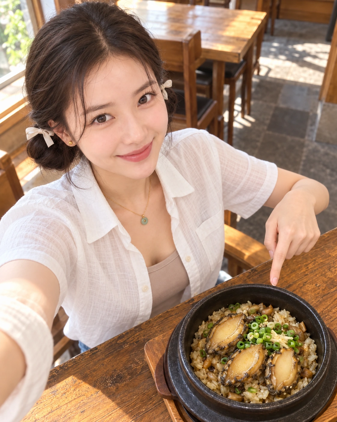 AI 가상 셀카: 전복 솥밥을 소개하는 높은 측면 각도의 김마에