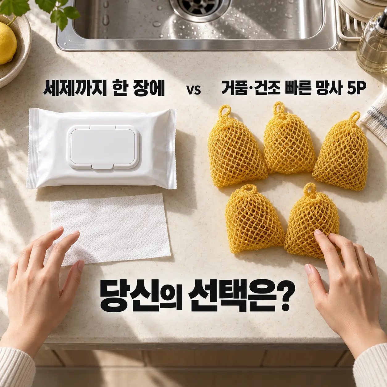 세제까지 한 장에 담긴 살림비책과 거품·건조가 빠른 망사 5P 중 선택을 묻는 마무리 장면