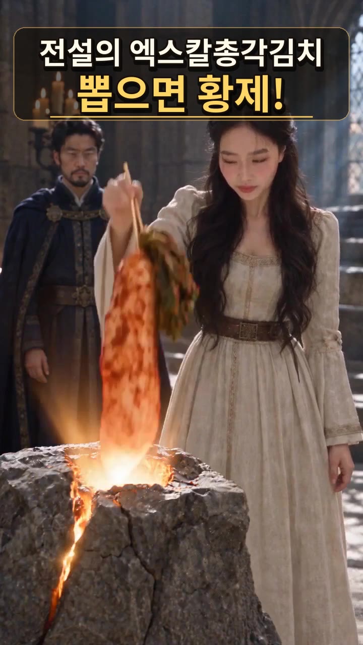 총각김치를 뽑는 김마에 AI 판타지 장면