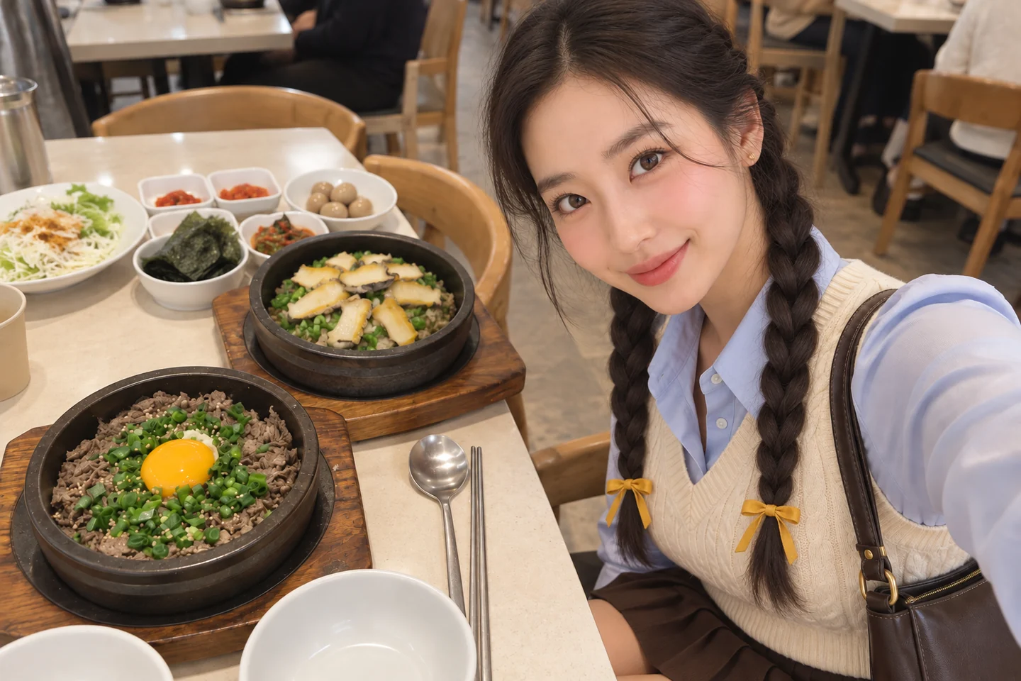 전복솥밥과 한우불고기솥밥을 곁들인 마에 셀카 AI 재구성 이미지