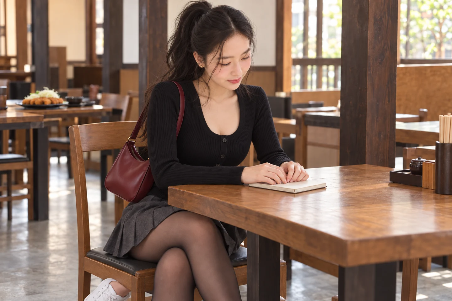 가상의 목재 식사 공간에서 메모를 살펴보는 김마에