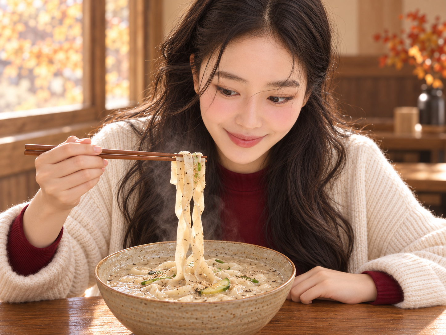 들깨 국물과 넓적한 면의 조합을 표현한 AI 가상 장면입니다. 실제 가게 음식이나 방문을 촬영한 사진이 아닙니다.
