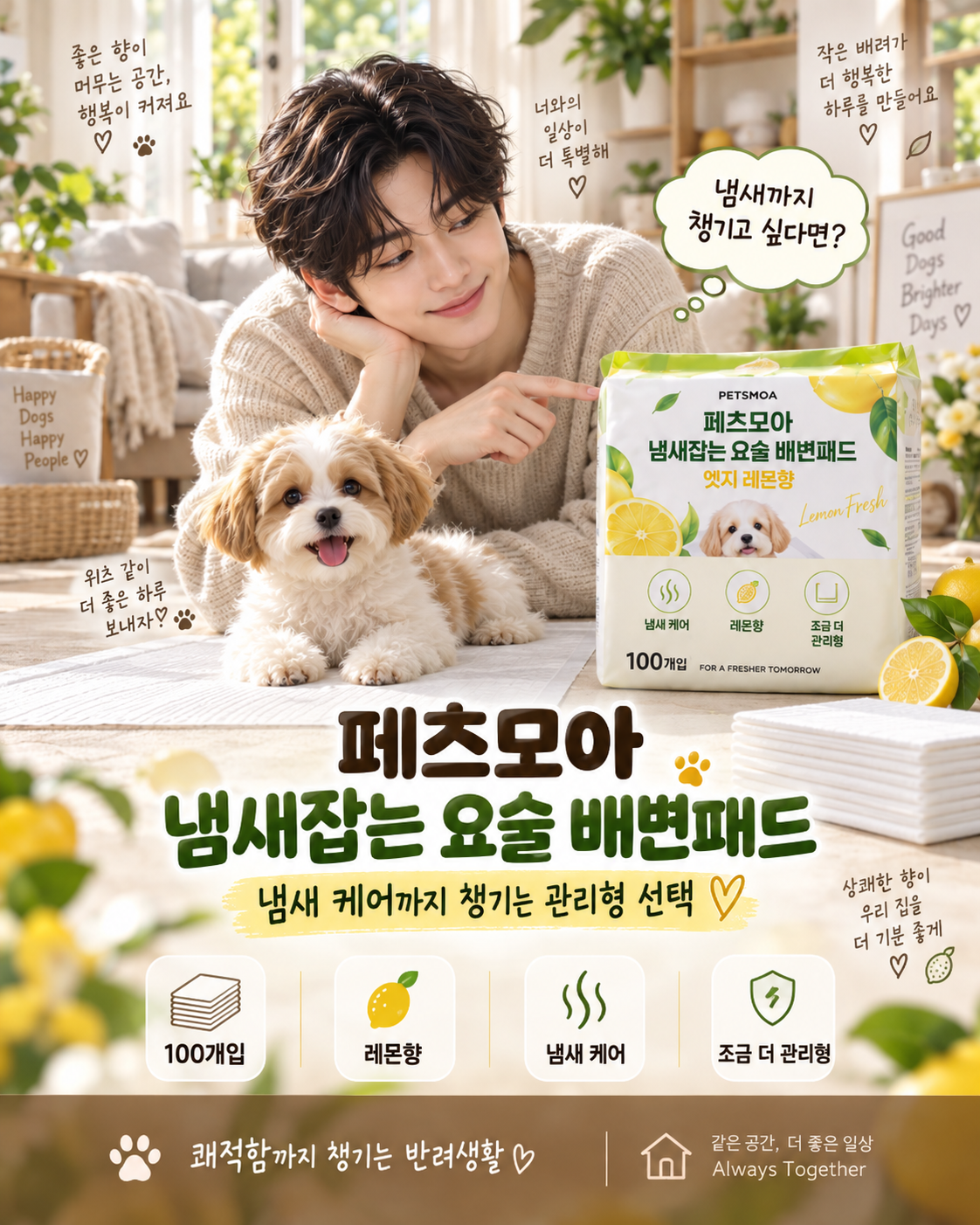 페츠모아 냄새잡는 요술 배변패드 엣지 레몬향 100개입을 강아지와 함께 보여주는 PPL 장면