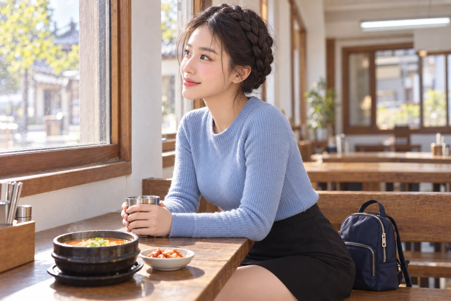 물컵을 들고 아침 창밖을 바라보는 김마에의 AI 장면