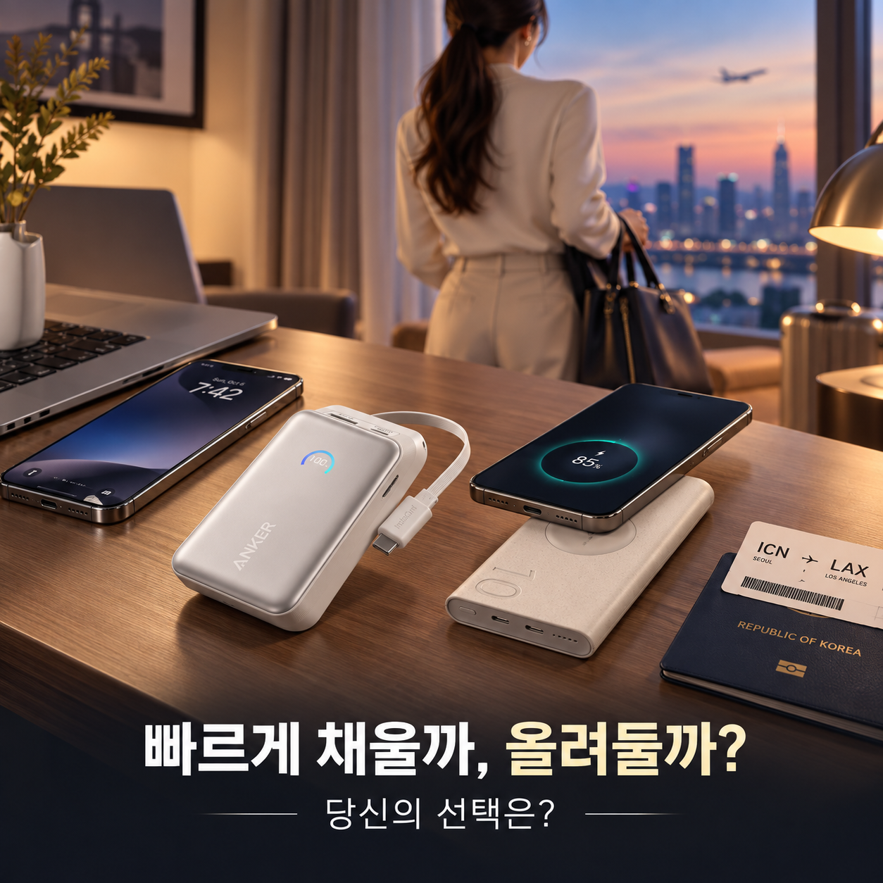 앤커 나노 A1638과 삼성 EB-U2510 중 선택을 묻는 광고 이미지