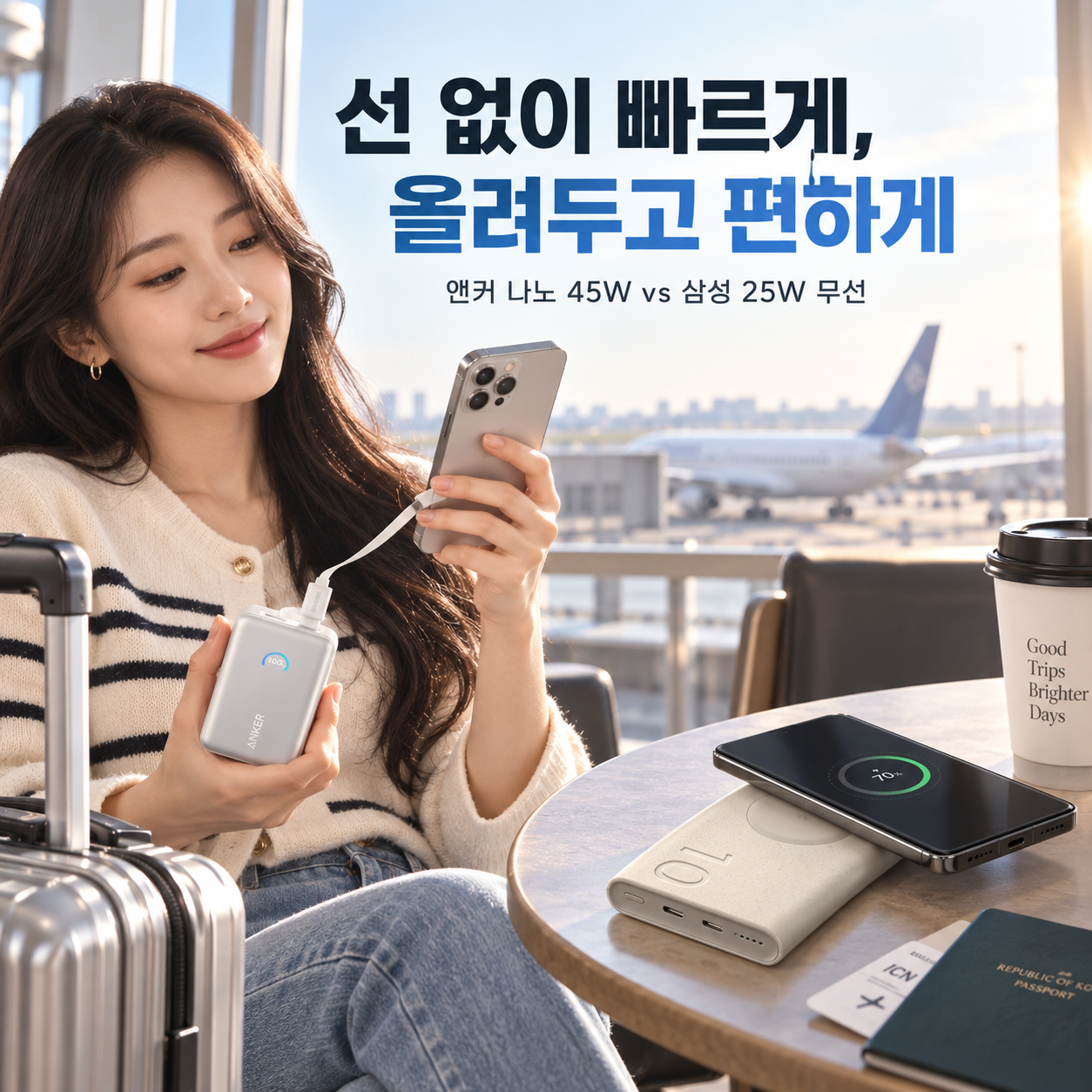 앤커 나노 A1638과 삼성 EB-U2510의 빠른 유선 충전과 무선 충전 루틴을 비교하는 광고 이미지