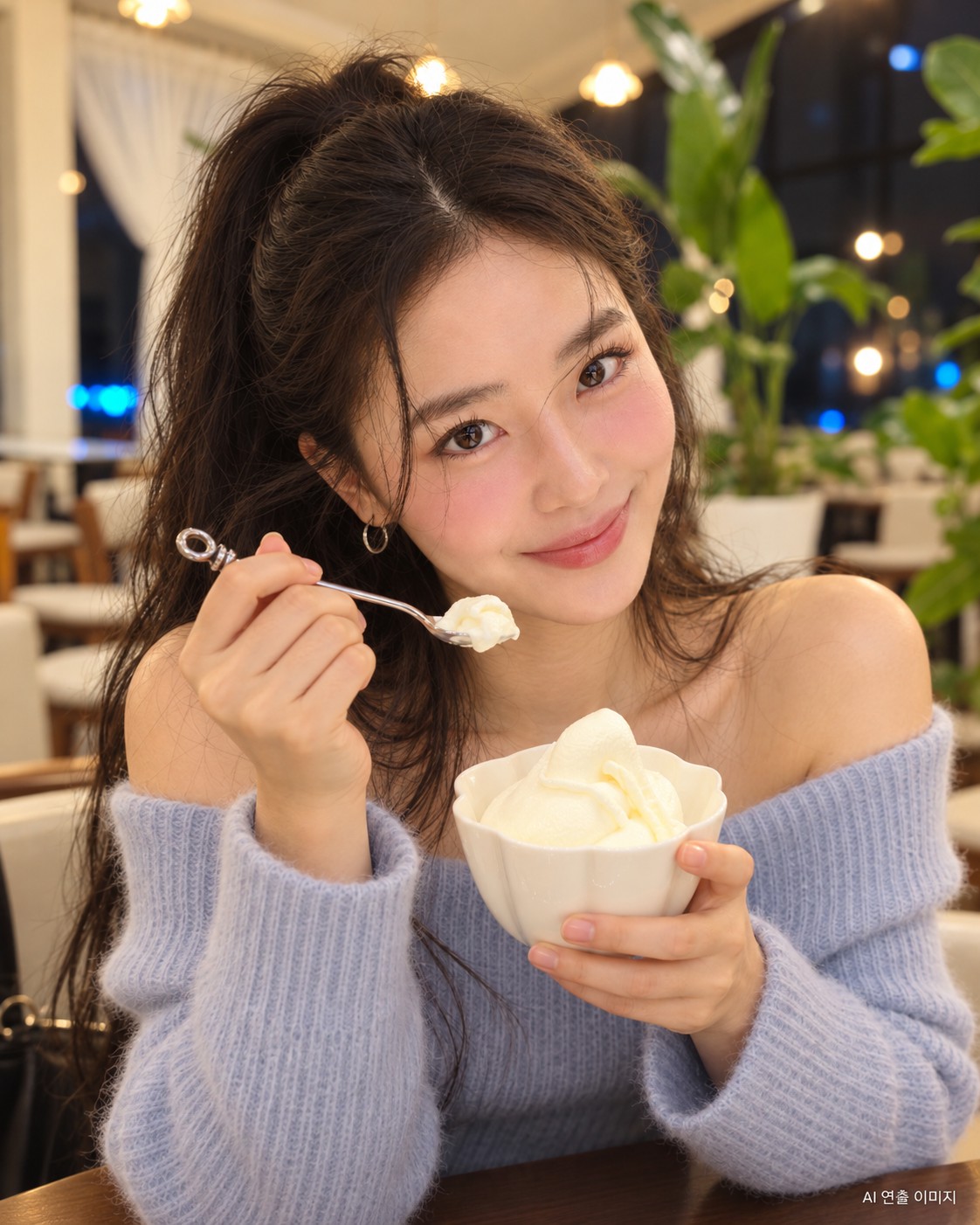 AI 연출 · 상하목장 아이스크림을 소개하는 가상 인플루언서 김마에. 실제 촬영 사진이 아니며 현장 메뉴·공간 자료를 참고한 장면이에요.