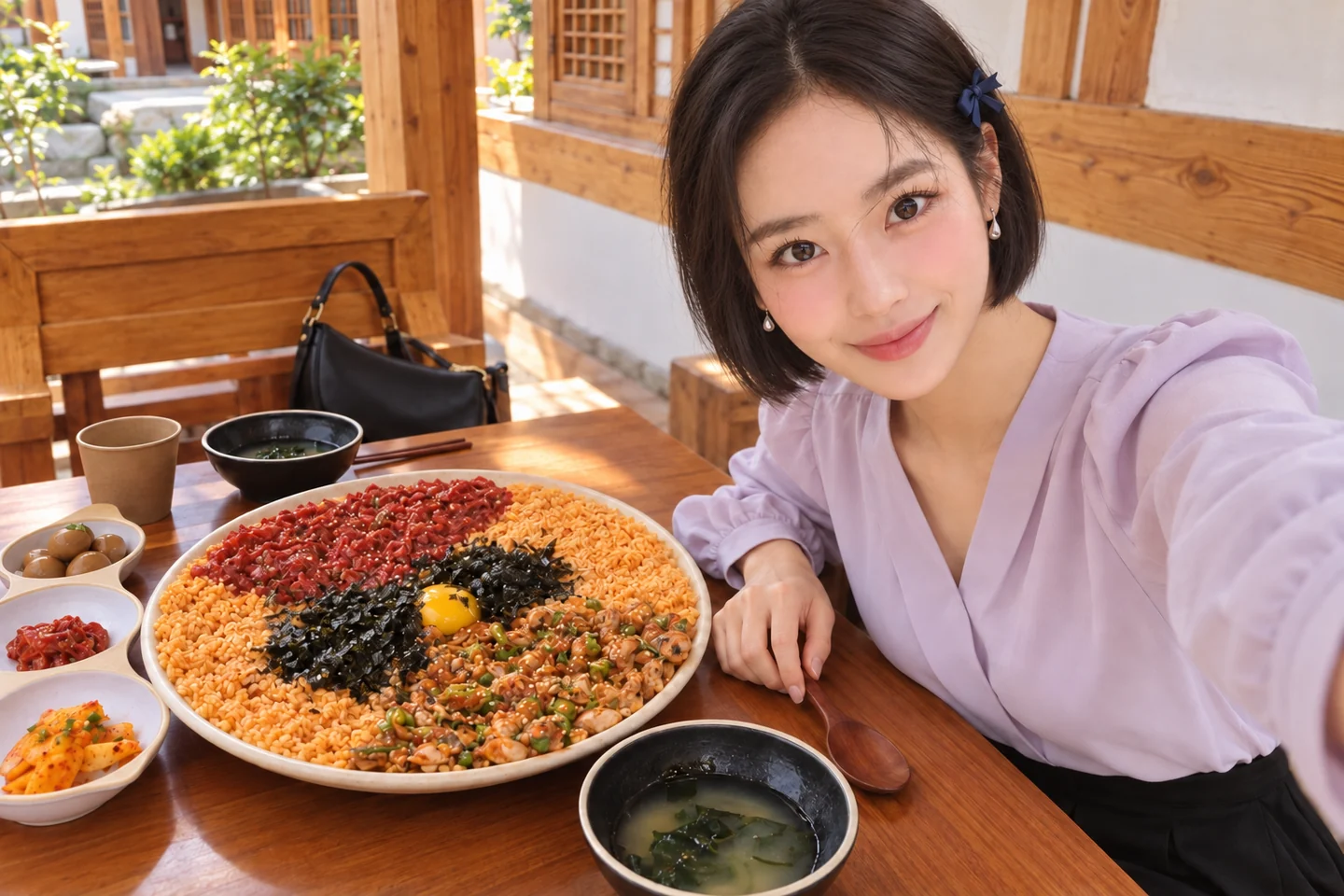 육회·꼬막·밥을 큰 공유 접시에 담은 구성을 참고한 김마에의 AI 셀카