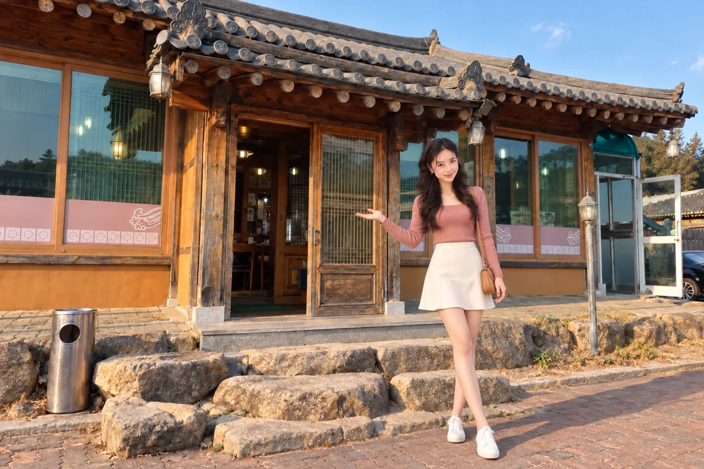 로즈색 스퀘어넥 니트와 아이보리 스커트를 입은 김마에의 AI 가상 방문 장면