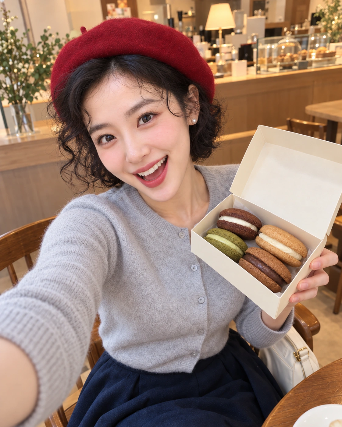 AI 가상 셀카: 크림 쿠키가 든 열린 상자를 소개하는 김마에